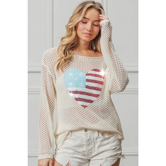 BiBi Sequin Detail American Flag Heart Patch Open Knit Cover Up Top | Off White - Picture 5 of 11